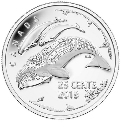 25 центов Жизнь на севере, Киты 2013 г., Канада, UNC матовая