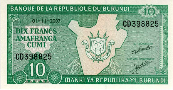10 франков Бурунди 2005-2007 годов UNC