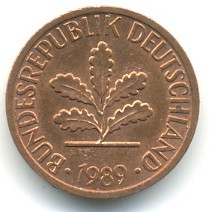1 пфенниг 1989 года ФРГ, XF (из обращения) G