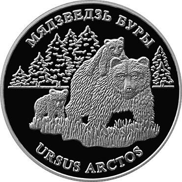 20 рублей Бурый медведь 2002 г., серебро, proof