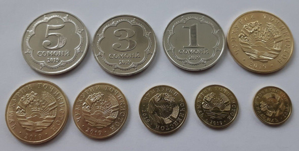 Годовой набор 9 монет 2019 год Таджикистан 1, 2, 5, 10, 20, 50 дирам, 1, 3, 5 сомони UNC