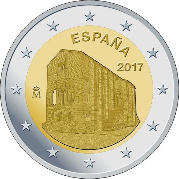 2 евро Церковь Санта-Мария-дель-Наранко в Овьедо 2017 года, Испания, UNC